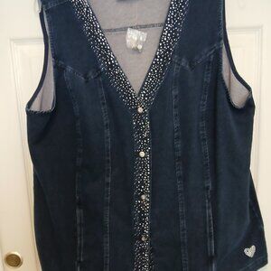 NWT - Quacker Factory DreamJeannes Sparkle Button Front Vest Denim Blue - L